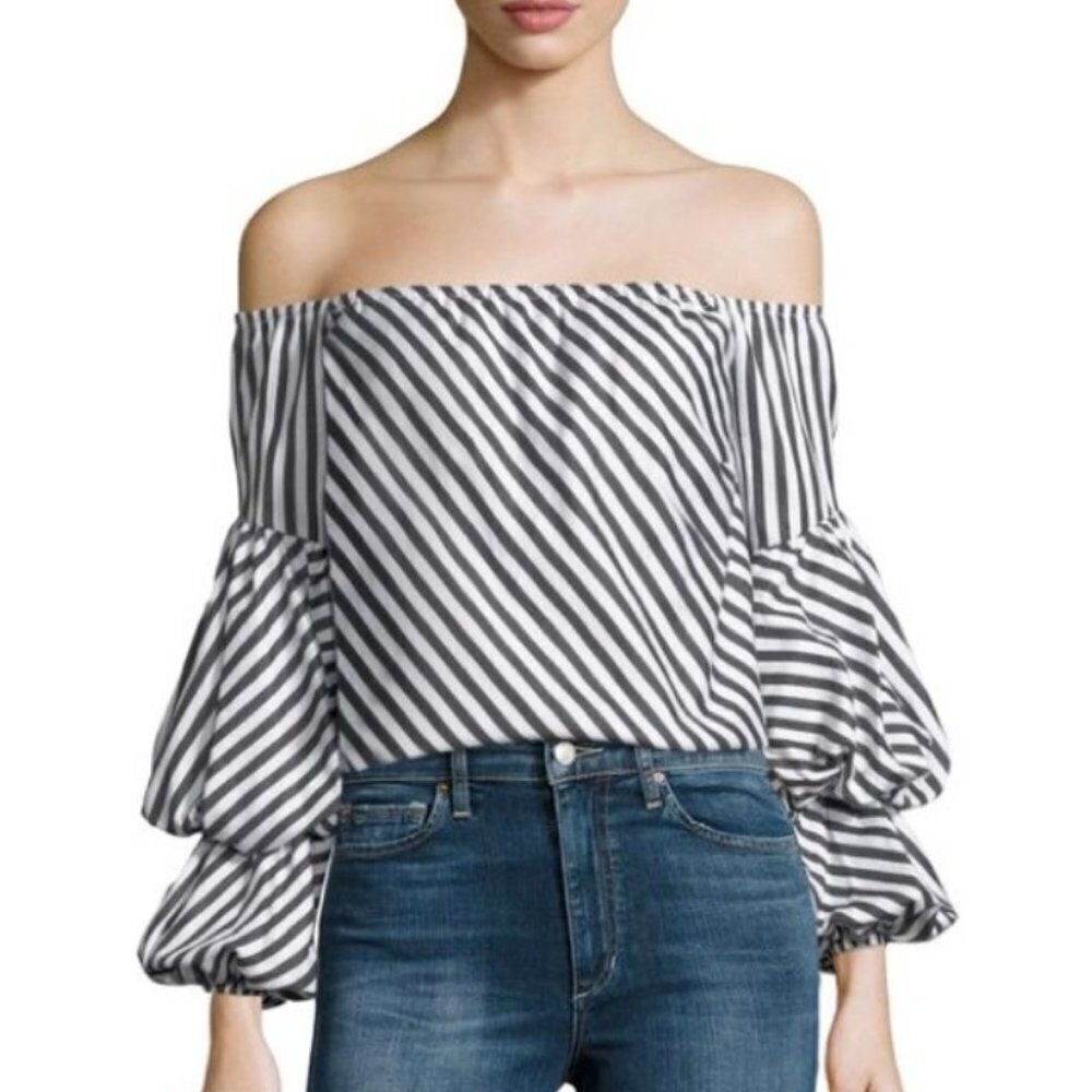 Petersyn LILY Black and White Stripe Cotton Cold Shoulder Blouse Size Large Top